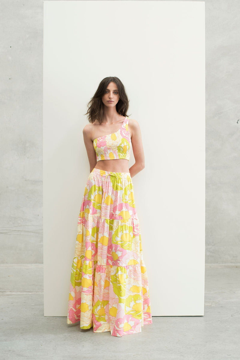 Drawstring A-Line Tiered Maxi Skirt