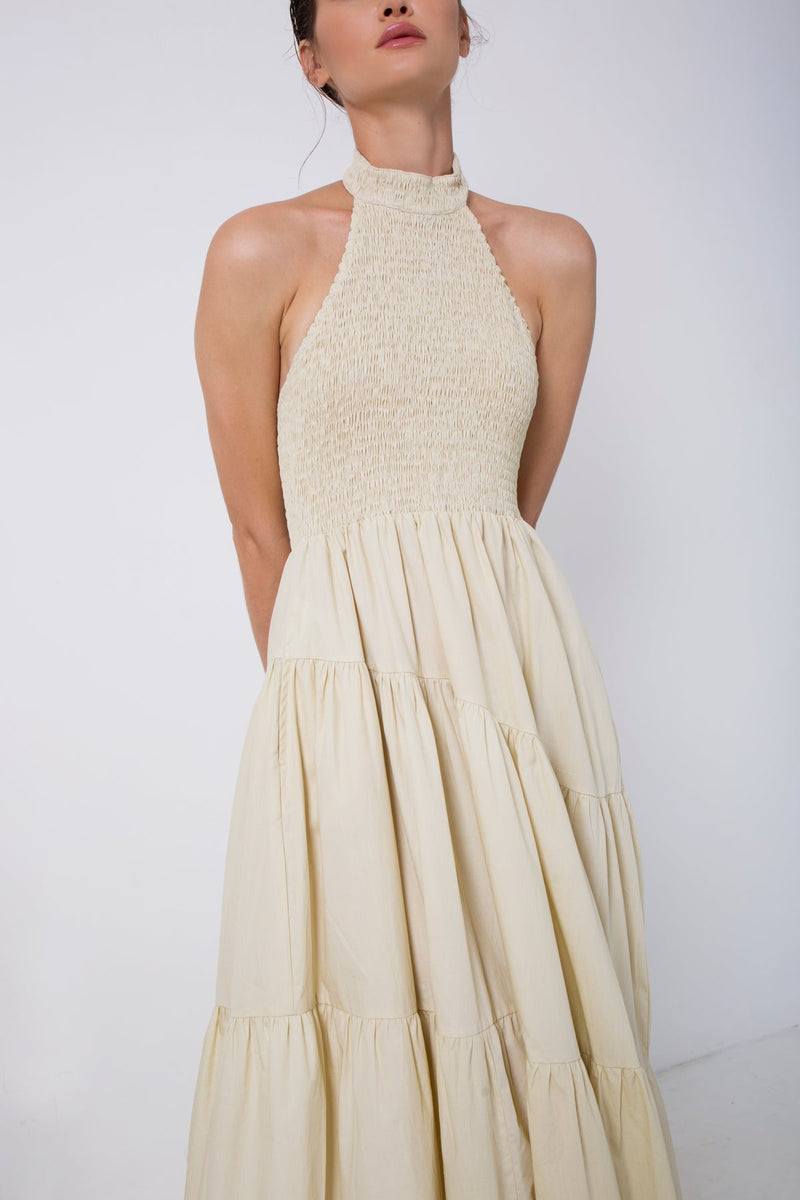 Shirred Halterneck Tiered Maxi Dress