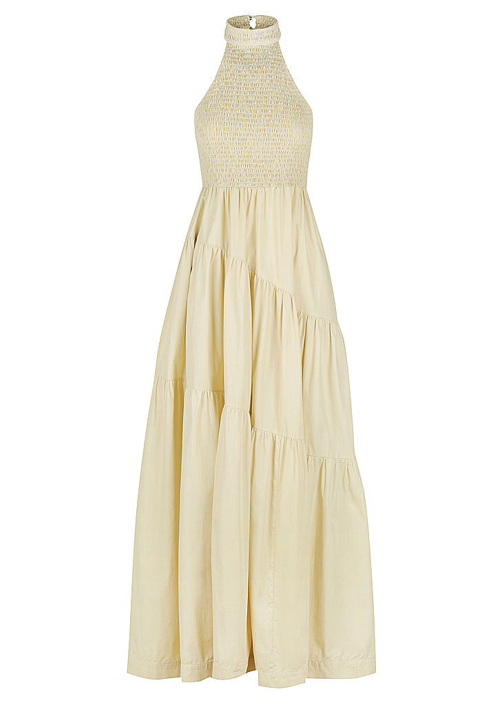 Shirred Halterneck Tiered Maxi Dress