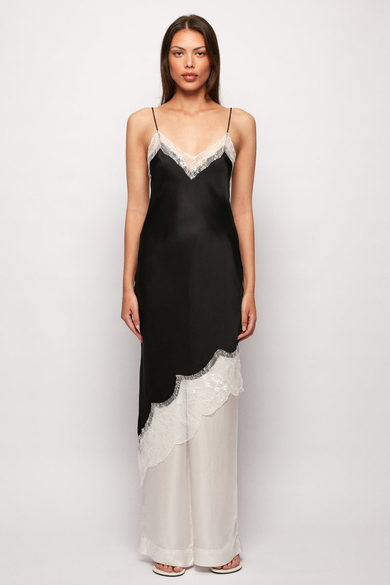 Lace Trim Asymmetric Slip Dress, XS / Ebony