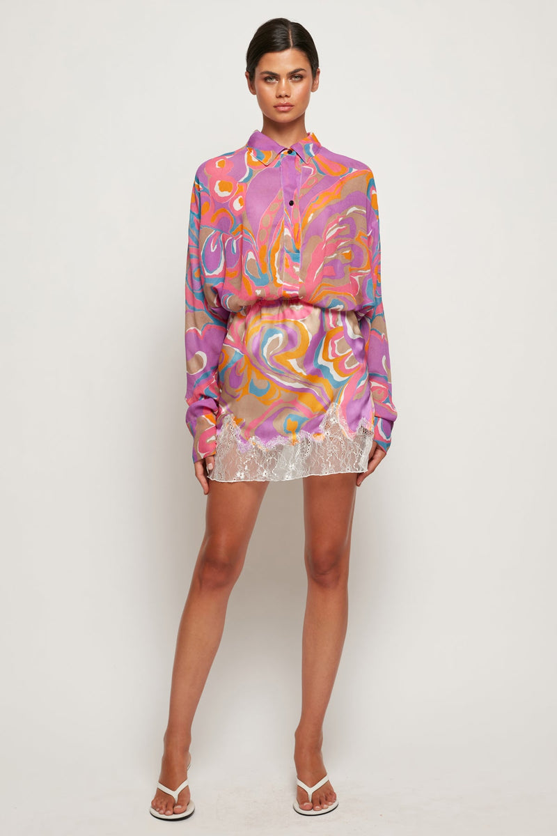 Sheer Oversized Shirt | Lace Trim Satin Mini