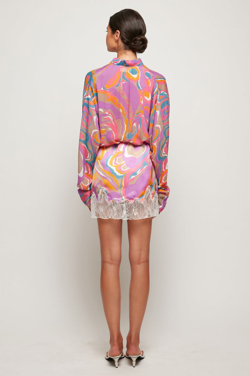 Sheer Oversized Shirt | Lace Trim Satin Mini