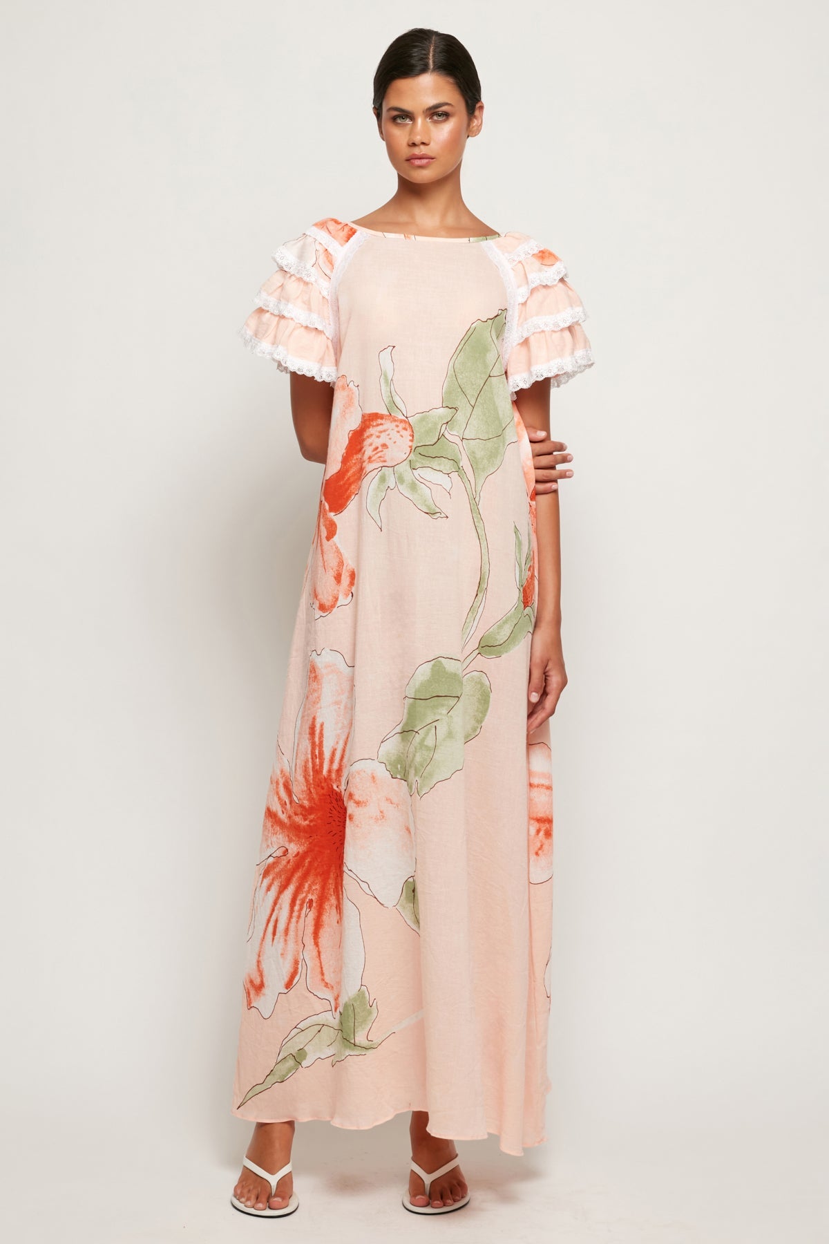 Frill Sleeve A-Line Maxi, L / Hibiscus Glow