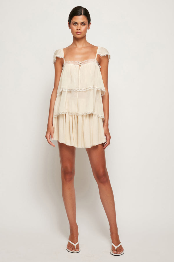 Lace Trim Babydoll Top | Pleated Flounce Mini Shorts