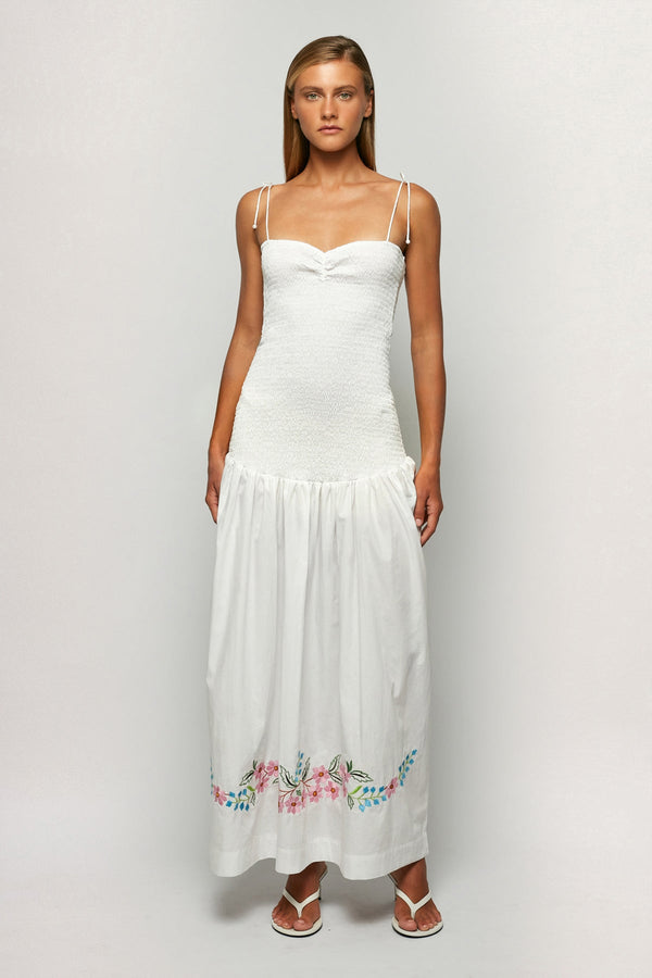 Shirred Embroidered Drop Hem Maxi