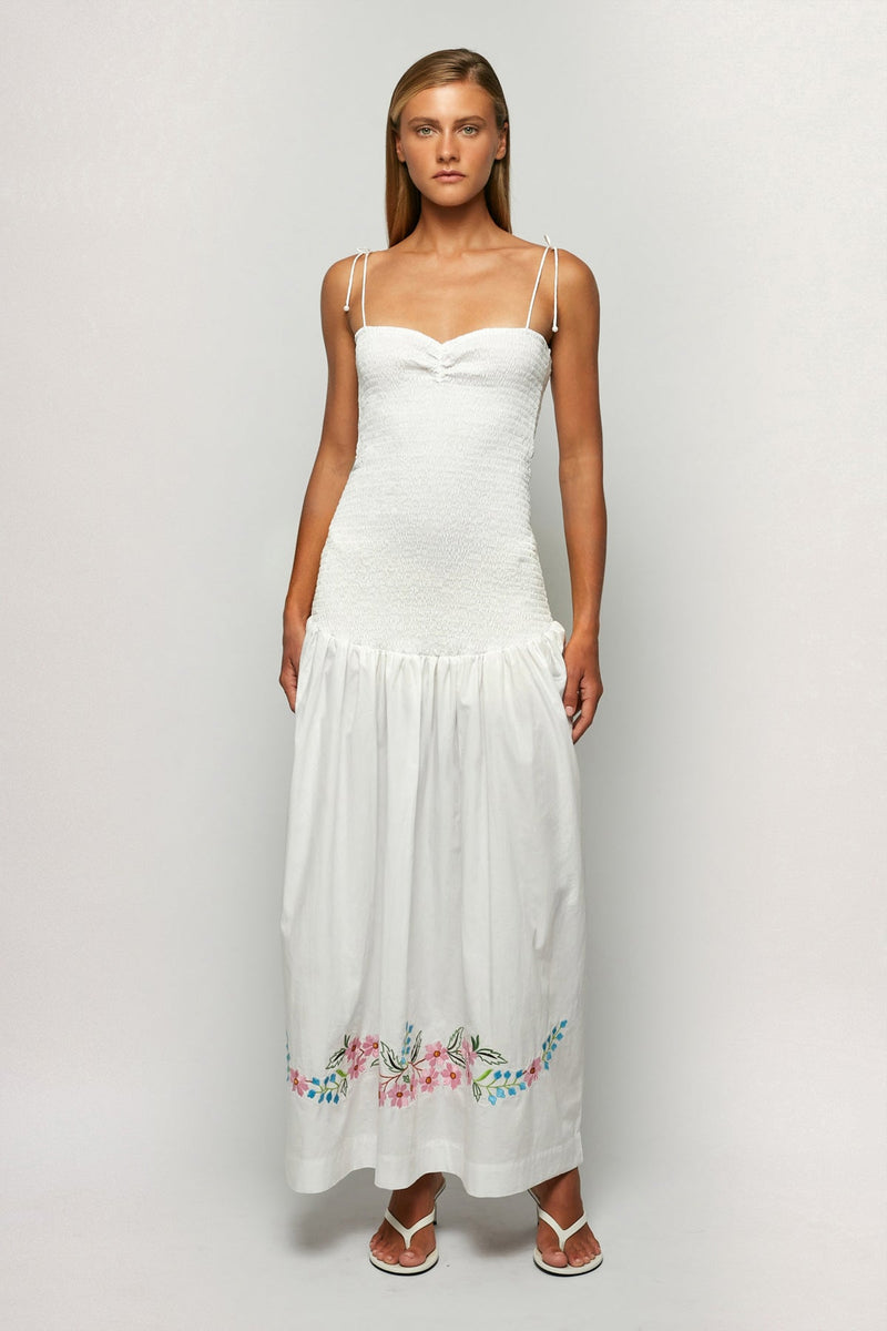 Shirred Embroidered Drop Hem Maxi
