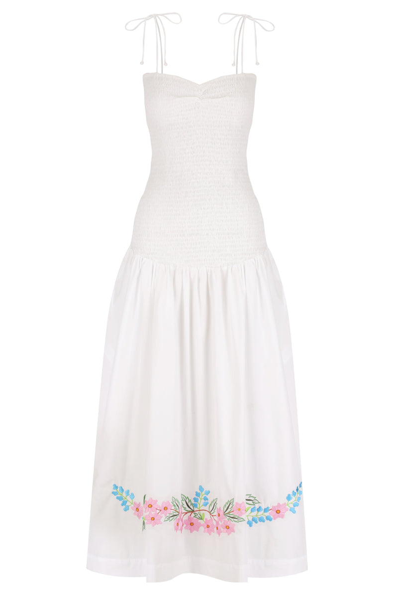 Shirred Embroidered Drop Hem Maxi