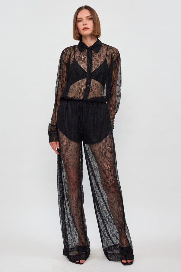 Sheer Lace Button Up | Sheer Lace Wide Leg Pant