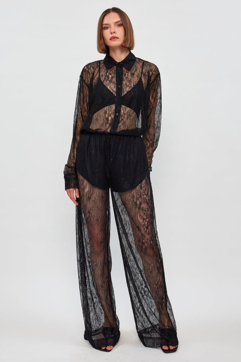 Sheer Lace Button Up | Sheer Lace Wide Leg Pant