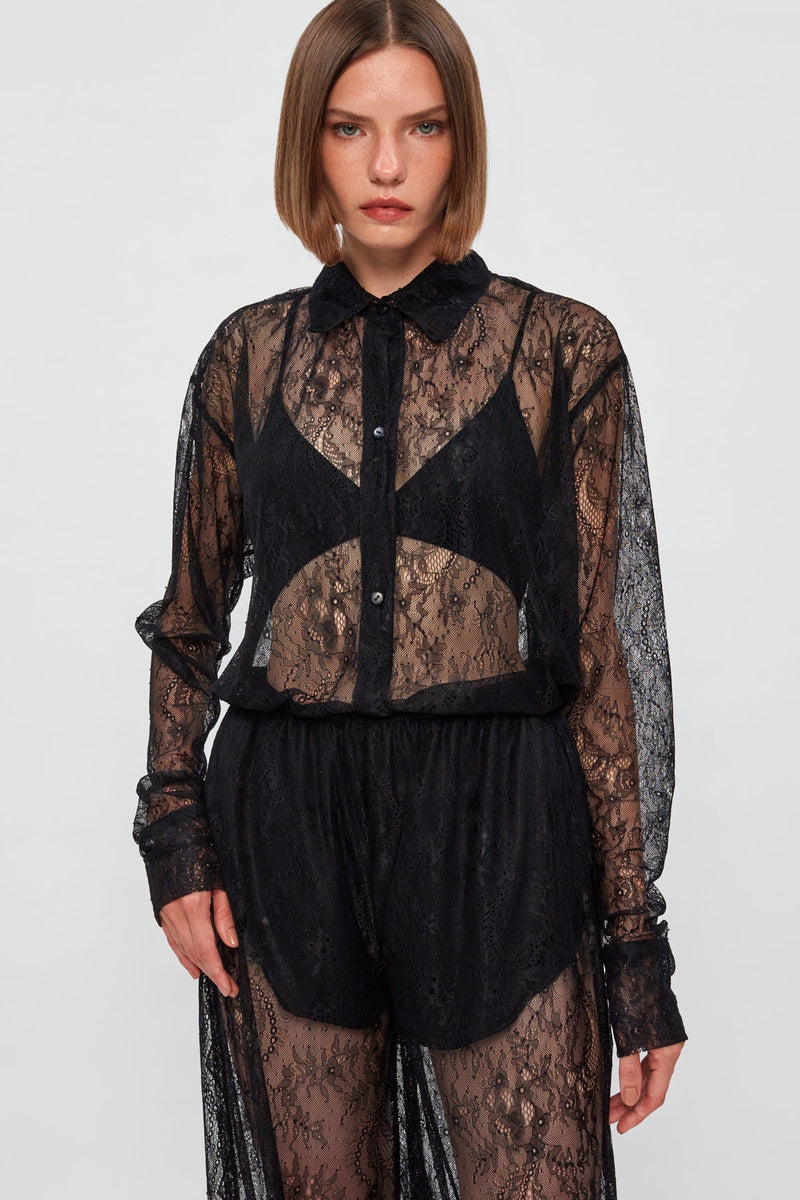 Sheer Lace Button Up | Sheer Lace Wide Leg Pant
