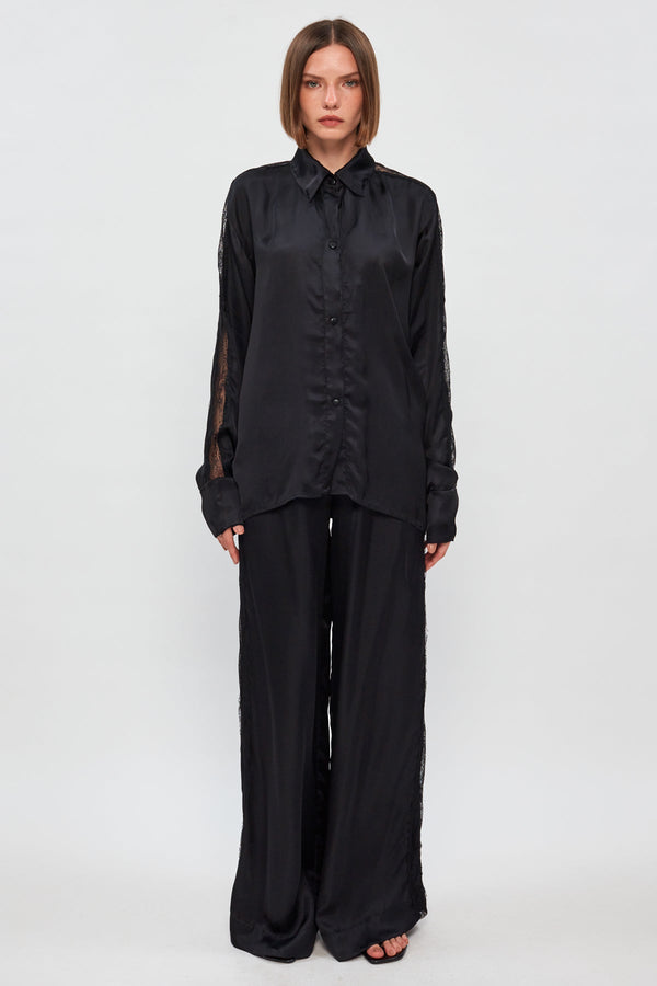 Button-Up Satin Lace Panel Top | Wide-Leg Satin Lace Panel Pant
