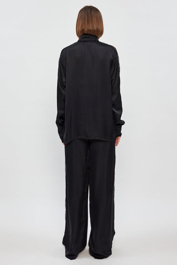 Button-Up Satin Lace Panel Top | Wide-Leg Satin Lace Panel Pant