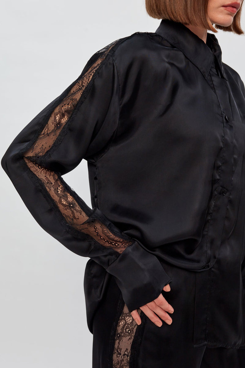 Button-Up Satin Lace Panel Top | Wide-Leg Satin Lace Panel Pant