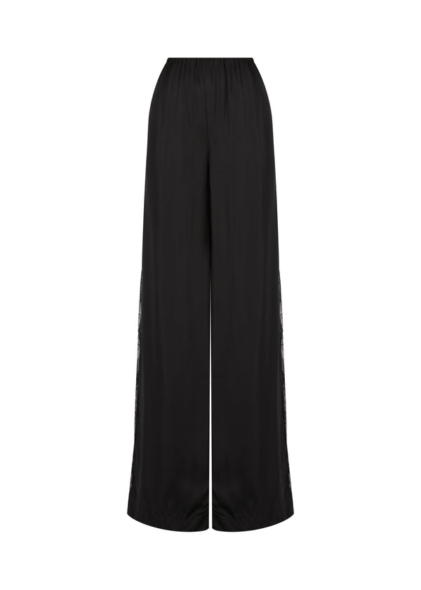 Wide-Leg Satin Lace Panel Pant