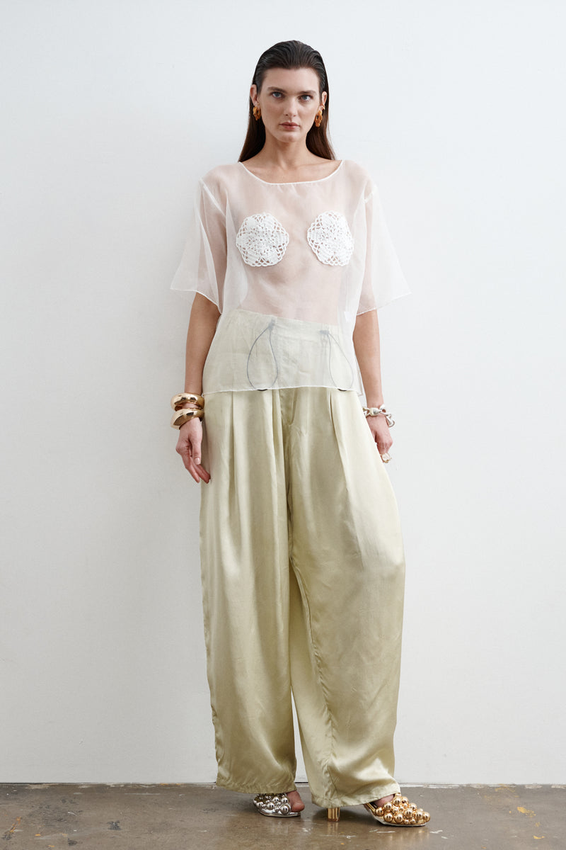 Sheer Bloom Top | Satin Draped Wide Leg Pant – S/W/F Boutique