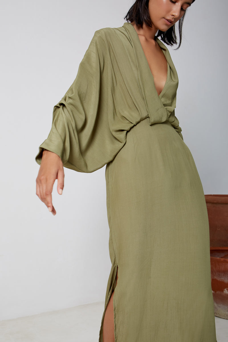 Wrapped Party Dress With Plunge Neckline in Metallic Green – Mack & Harvie