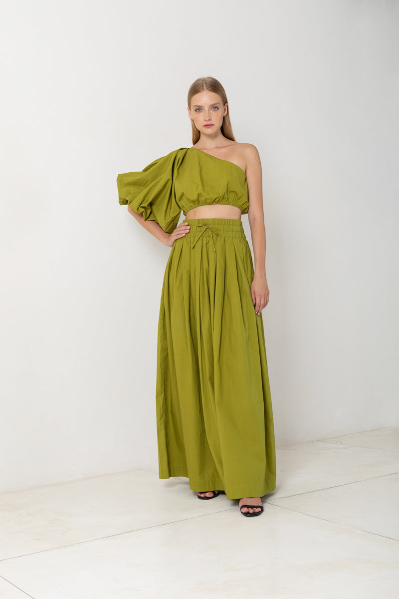 Exaggerated One Shoulder Crop | Drawstring Maxi Skirt