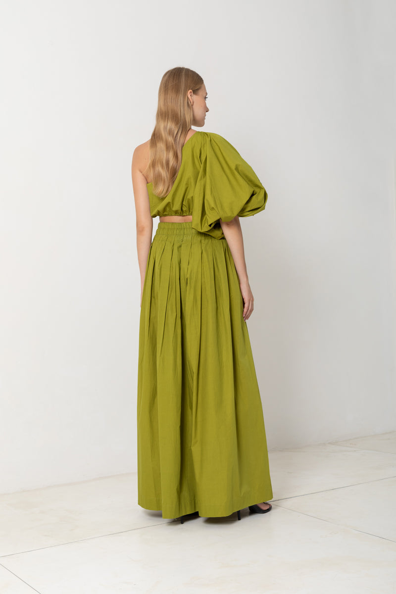 Exaggerated One Shoulder Crop | Drawstring Maxi Skirt