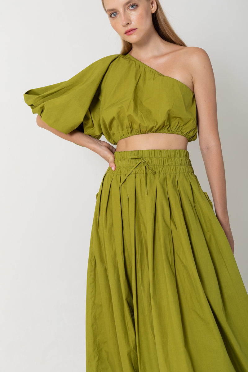 Exaggerated One Shoulder Crop | Drawstring Maxi Skirt