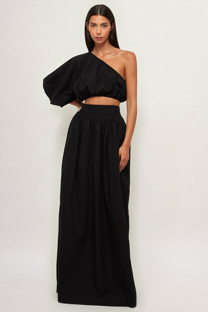 Exaggerated One Shoulder Crop | Maxi Skirt